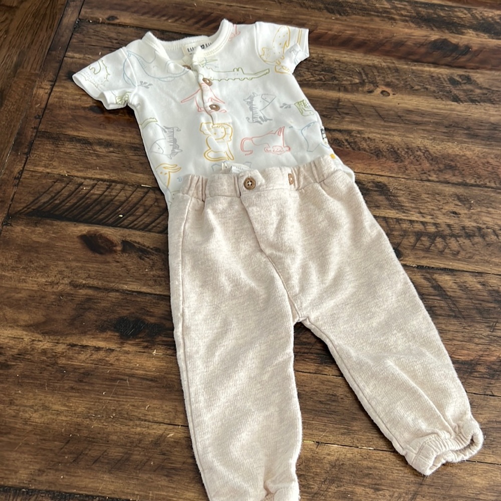 Adorable Neutral Onesie with Animals and Pants with button detail